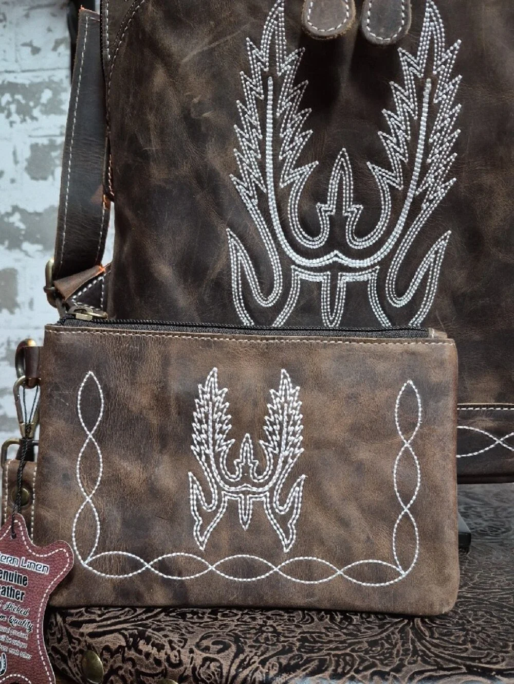 Brown Embroidered Leather Women's Backpack with Matching Wallet & Pouch